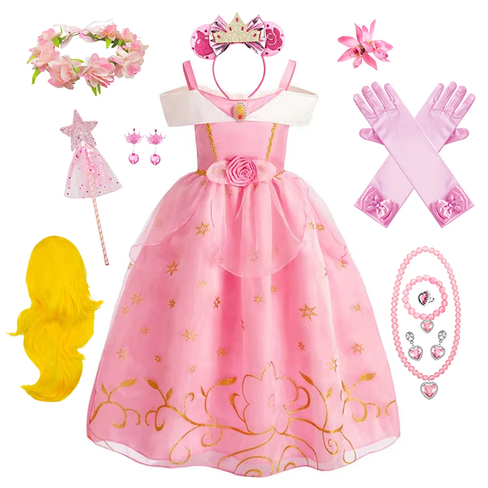 

Sleeping Beauty Pink Dress Aurora Costumes Princess Girls Fancy Birthday Party Role Costume Disguise Carnival Cosplay Dress Up