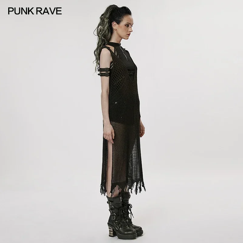 PUNK RAVE Women\'s The Post-apocalyptic Techwear Style Hollow Out Dress Gothic Large V-neck Geometric Raw Edges Hem Vest