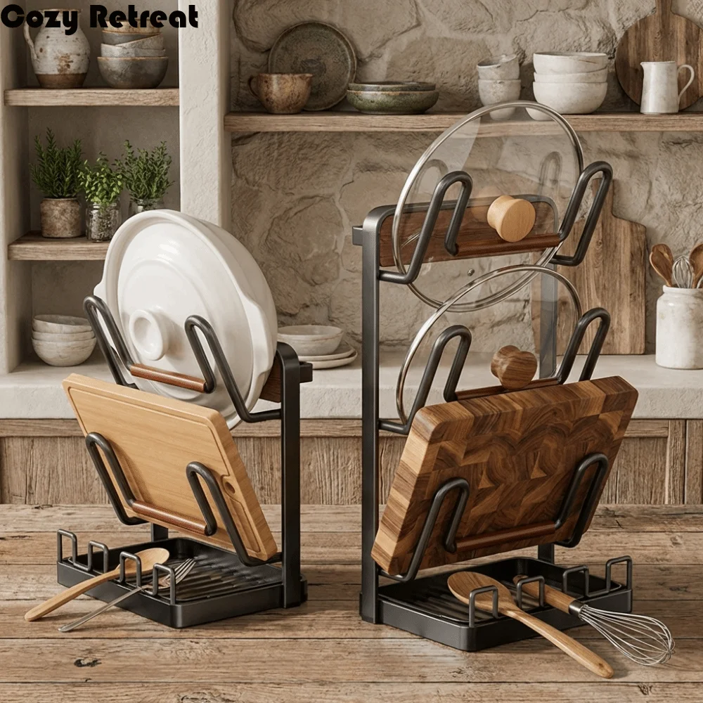 

Carbon Steel Pot Lid Rack Rustproof Space Saving Cutting Board Holder Stable with Spoon Rest Chopping Board Organizer Kitchen