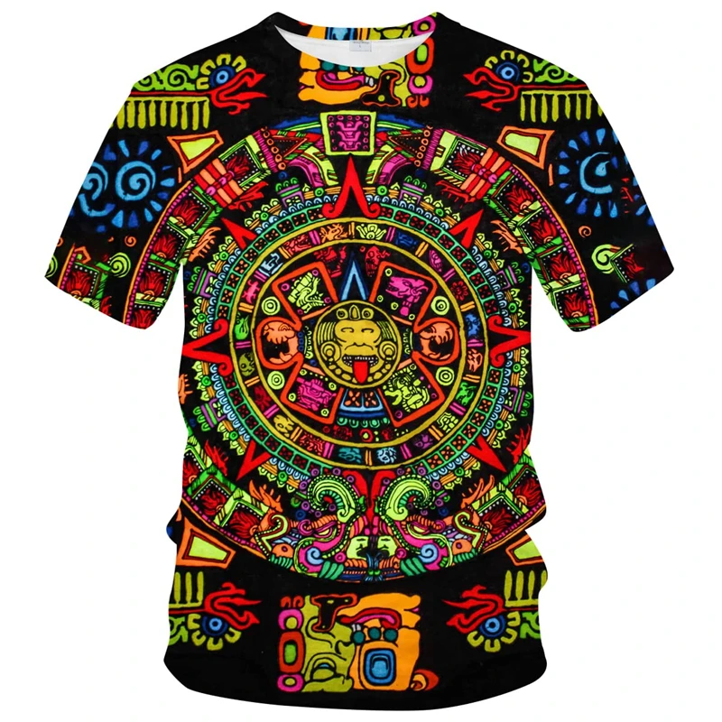 Retro Mexico Aztec Totem T-Shirt For Men Summer 3d Print Short Sleeve Tees Tops Mayan Culture Theme T Shirts Male Clothes