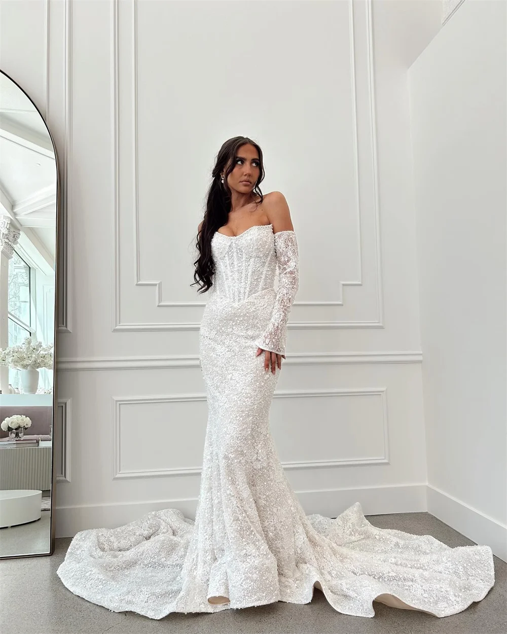 Tóquio personalizado branco sem alças vestidos de casamento mangas destacáveis chique tribunal trem vestido de casamento elegante sereia véu de noiva