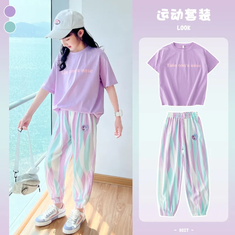 2024 summer girls Clothes Child set Sports Suit Teen tracksuit letter print loose t shirt + striped straight pants 4 12 14 year