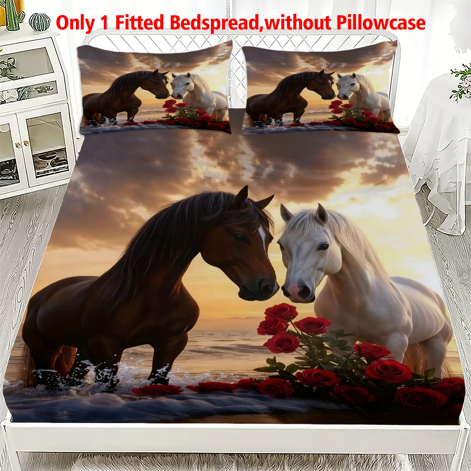 3pcs Love Themed Horses Printed Fitted Sheet 100% Polyester Durable Bedding Set Sheet ffor Home Bedroom Decoration Birthday Gift