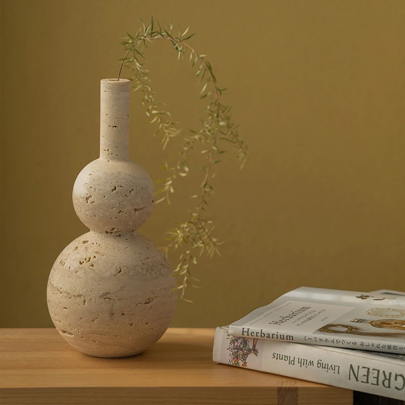 

Wholesale Price 20-25 USD Vintage Natural Beige Travertine Gourd-shaped Small Vase Ornaments Geometric Marble Stone