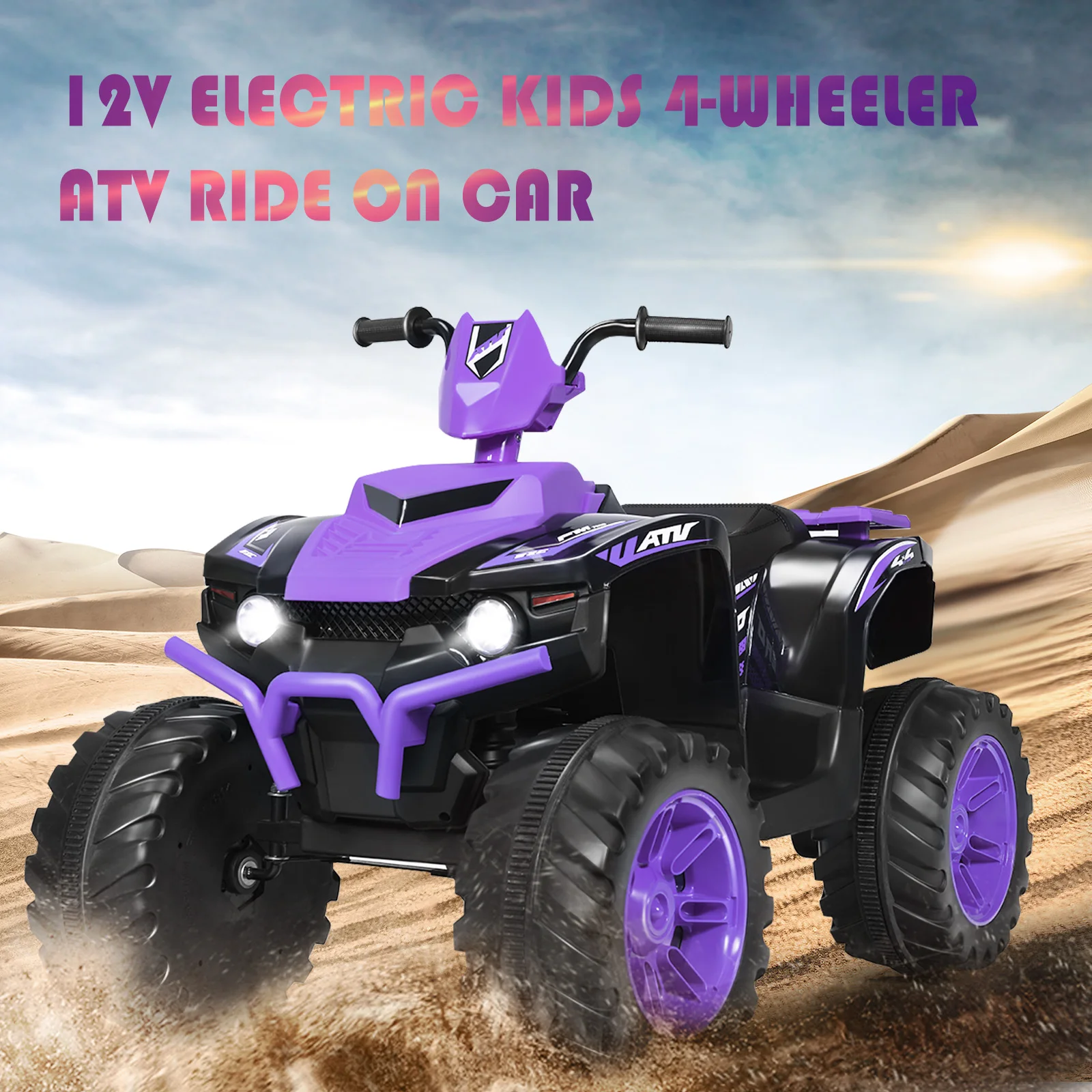 ATV Quad Ride On Car con luz LED y música púrpura para niños, 12V, 4 ruedas