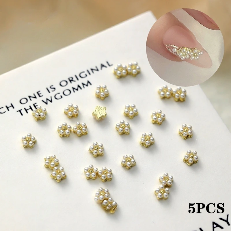 5pcs Pearl Nail Accessories Flower Nail Art Pile Diamond Decoration Mini Alloy Wearing Armor Art Design DIY Nail Drill