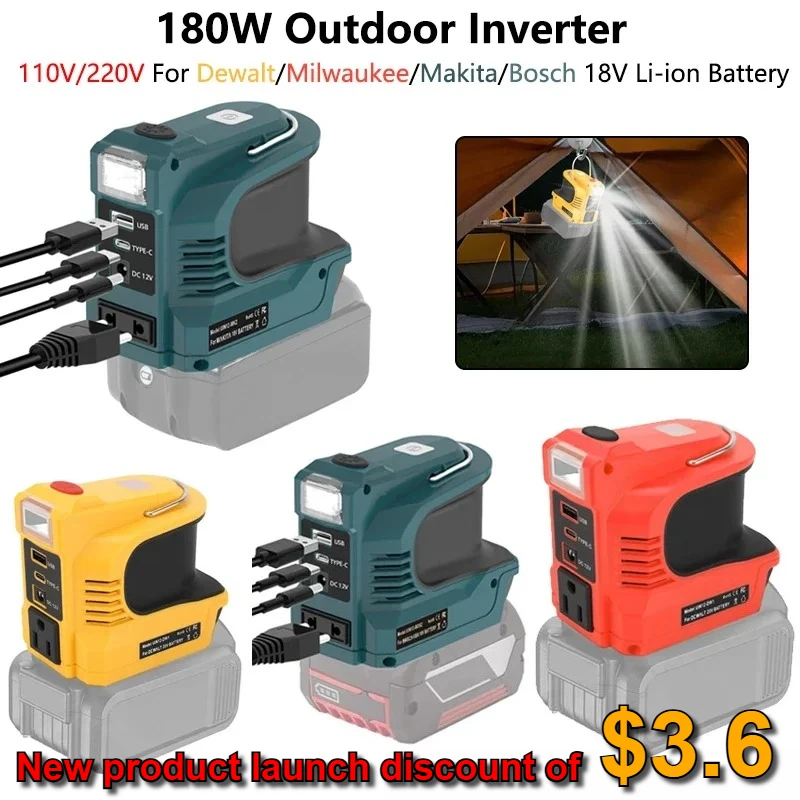 

For Makita/Bosch/Dewalt/Milwaukee 18V Li-ion Battery Inverter Converter 180WPower Inverter With LED Light Inverter Power Station