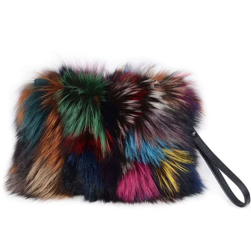 Genuine Natural Fox Fur Women Clutch Bag Purses Luxury Evening Party Bag Winter Chain Shoulder Bag