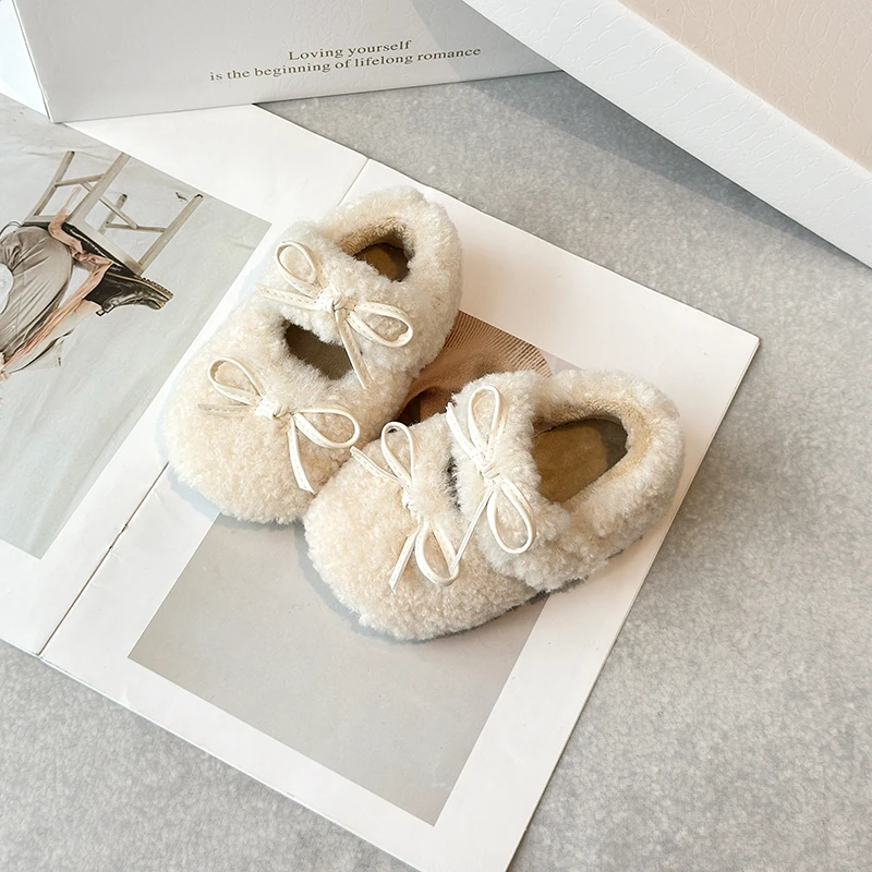 

Cute Round Toe Lambswool Ballet Flats Kid Girl Winter Warm Plush Loafers Child Brand Design Teddy Fur Bowknot Mary Jane Shoes