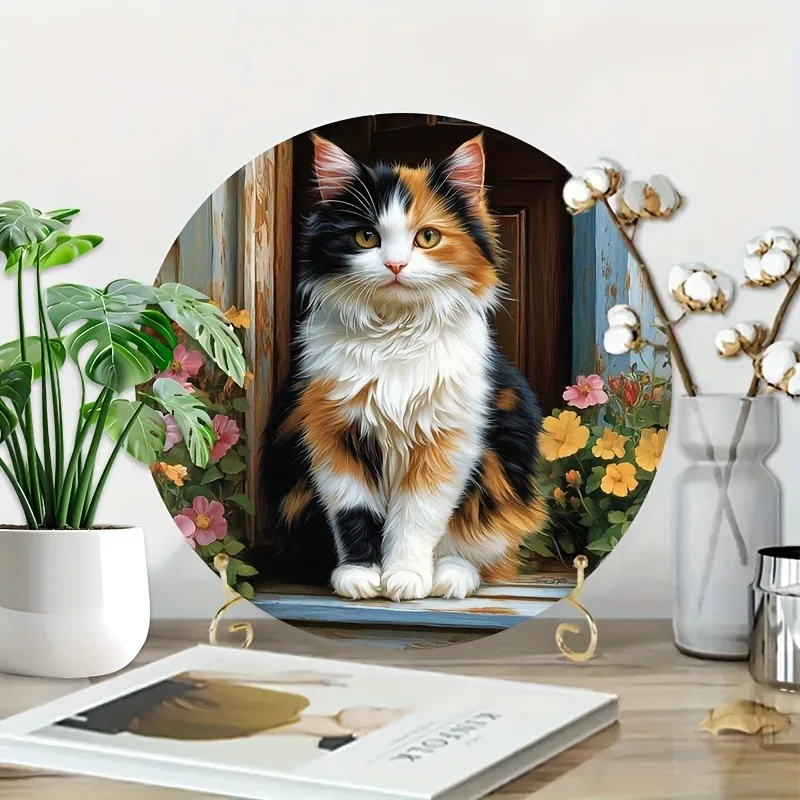 Vintage Calico Cat,Floral Aluminum Wall Plaque,EasyWall-Mounted Home Decor for Bedroom,Living Room,Bar,Indoor,Vintage Room Decor