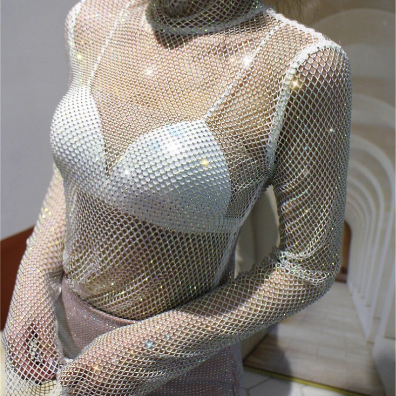 Glitzernde Netz-Diamant-Hohlmuster-T-Shirts Sexy Langarm-Rollkragenpullover für Damen Durchbrochenes Pailletten-Shirt Party Clubwear Großhandel – Detail 2