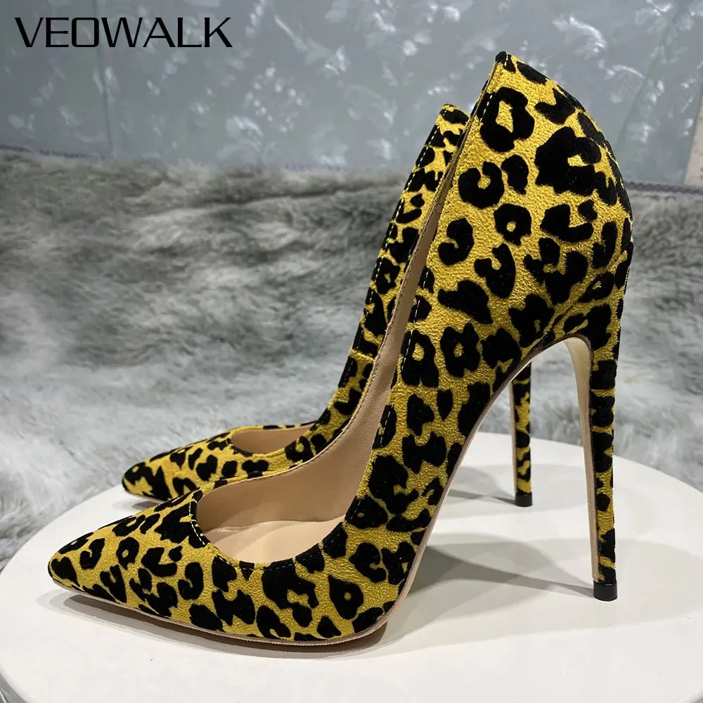 

Veowalk Women Flock Leopard Pointed Toe Stiletto Pumps Sexy Ladies Comfortable Suede Slip On High Heel Shoes for Elegant Party