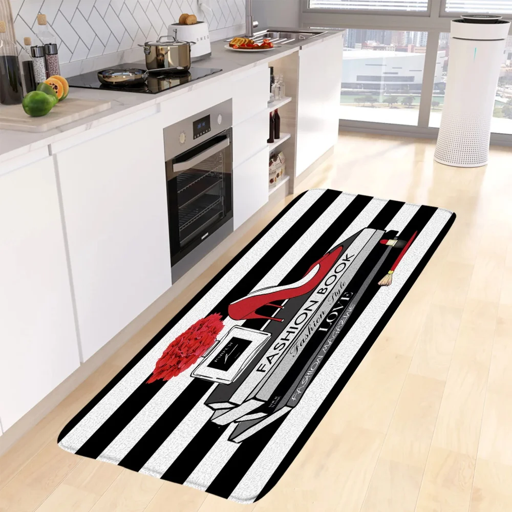 Perfume Kitchen Floor Mat Set High Heel Pink Flowers Butterfly Black White Striped Long Carpet Home Decor Non-slip Rug Bath Mats