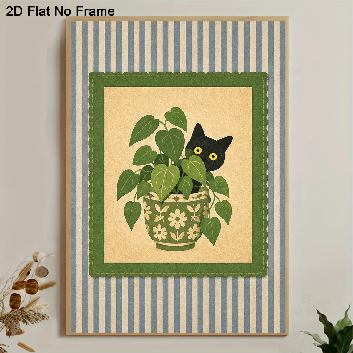 2027,2D Flat, Frameless Canvas Poster, Cute Black Cat Hiding In Potted Plant, Wall Art Canvas Painting, Bedroom Living Room W