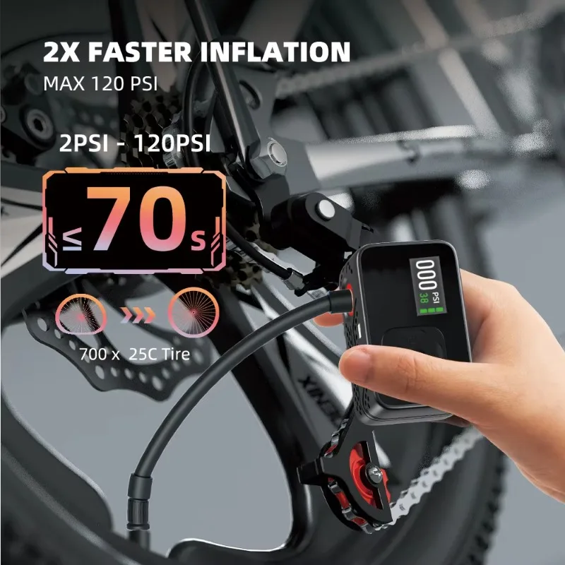 BL06 120 PSI Electric Mini Bicycle Air Pump Tiny Bike Tire Gauge Auto-Stop Presta Schrader Valve All Bike Type-C