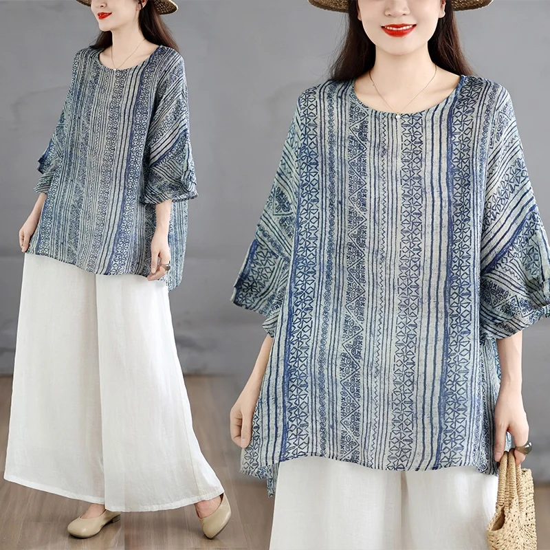 

Summer 2026 Women's plus Size Loose Cotton Linen T-shirt Retro Print Breathable Base Shirt Artistic Commute Style Seven Sleeve