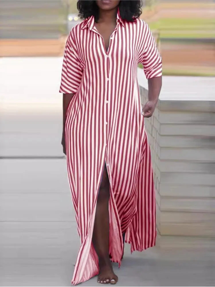 Fashion Casual Stripe Shirts Long Dresses Women Spring Summer New Loose Half Sleeves Commuting Lady Dress Simple Style Vestidos