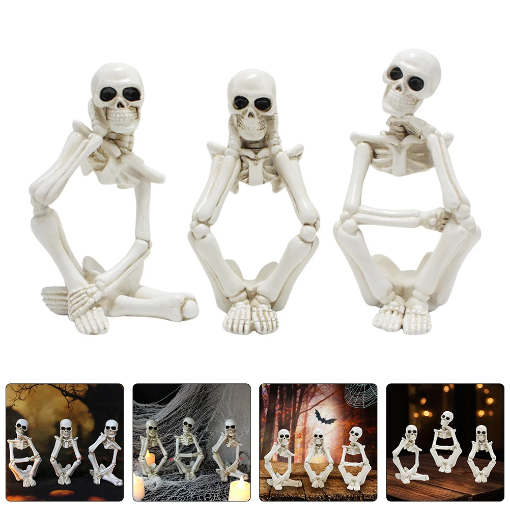 

3pcs Thinker Statue Resin Halloween Decoration Desktop Home Office Party Ornament Vintage Style Skull Craft Garden
