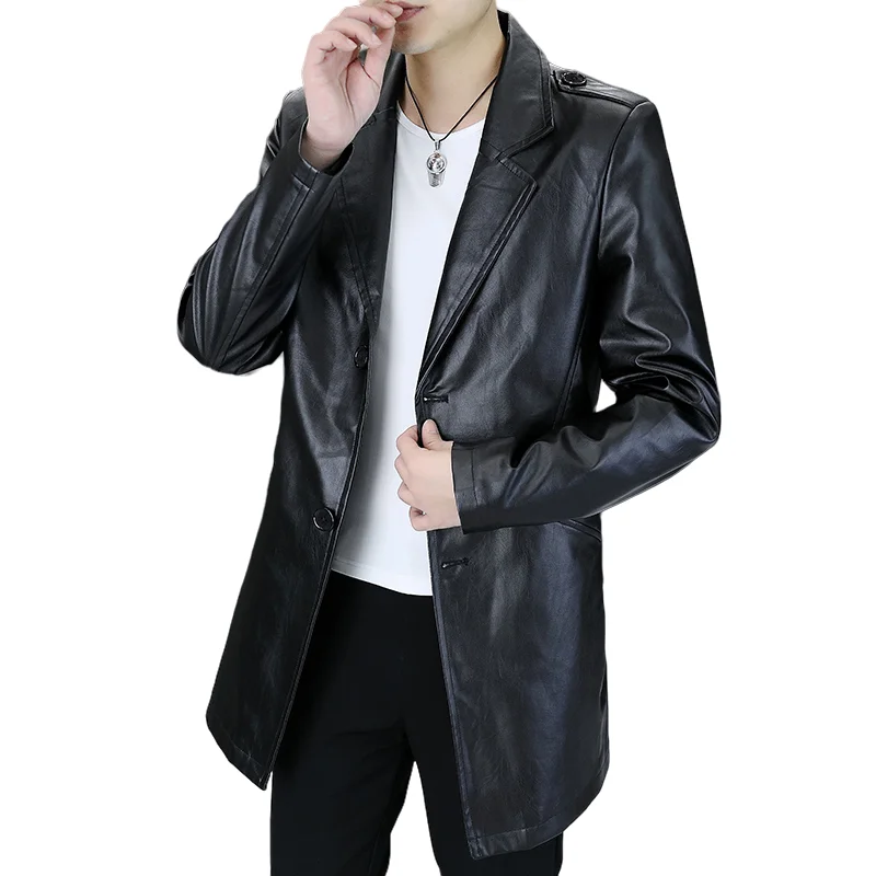 

Men's Fashion Long Leather Business Casual Outdoor Slim PU Leather Jacket Solid Color Handsome Trench Coat Suit Collar Coat