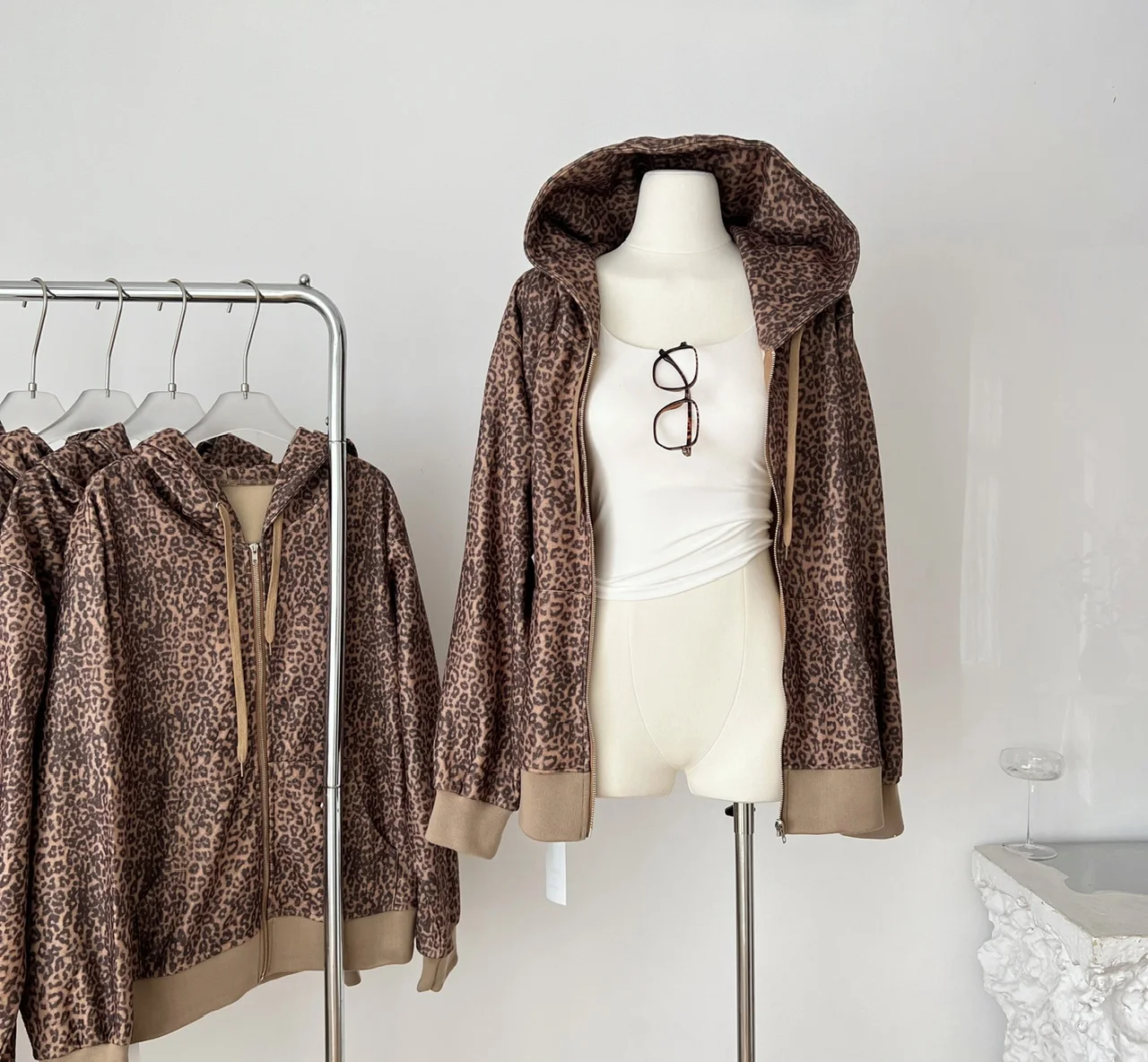

Women's Spring Autumn Hooded Long Sleeve Leopard Loose Jacket Lady Streetwear Casual Zipper Leopard Print Outwear Top