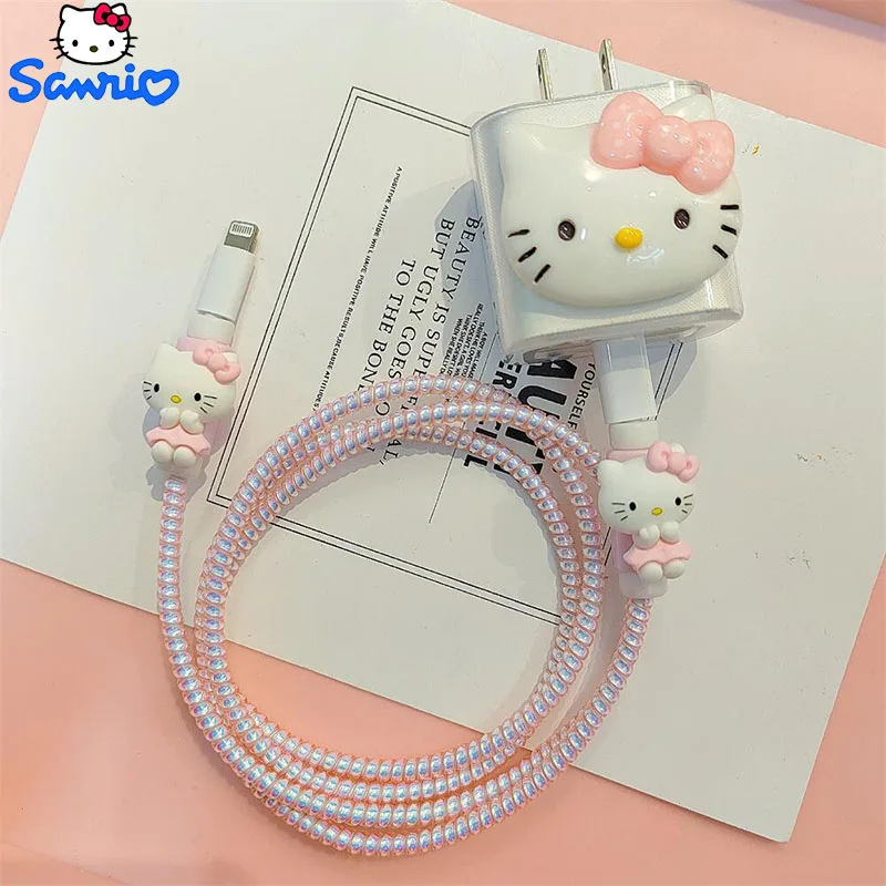 Kawaii Sanrio Cute Hello Kittys Iphone14 Charger Protective Sleeve Data Cable Break-Proof 20W Winding Rope Girls Anime Gift Toys