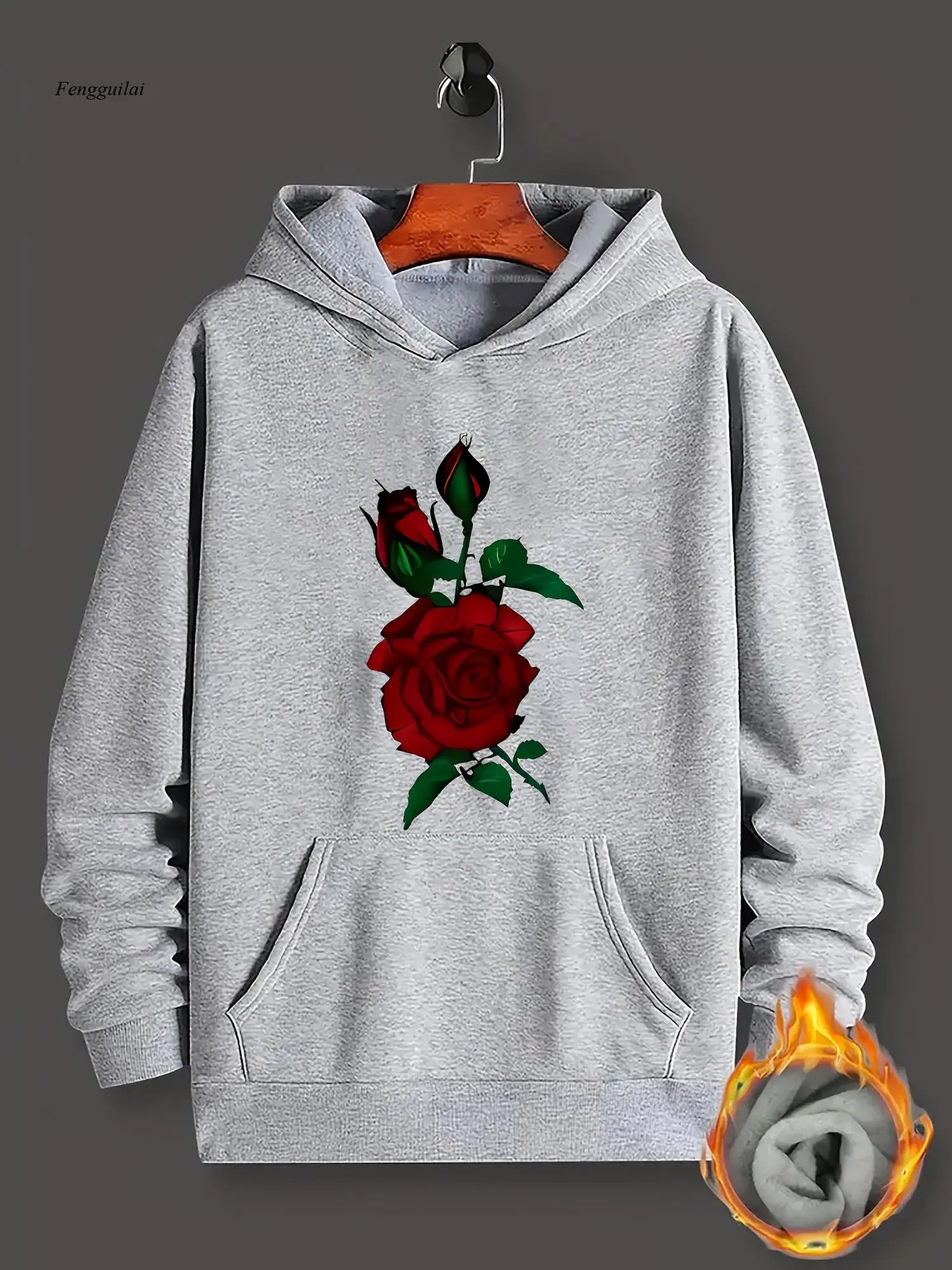 

Hoodie - Loose Fit Pullover Sweatshirt with Red Rose Floral Print, Machine Washable Polyester Blend Hooded Sweatshirt