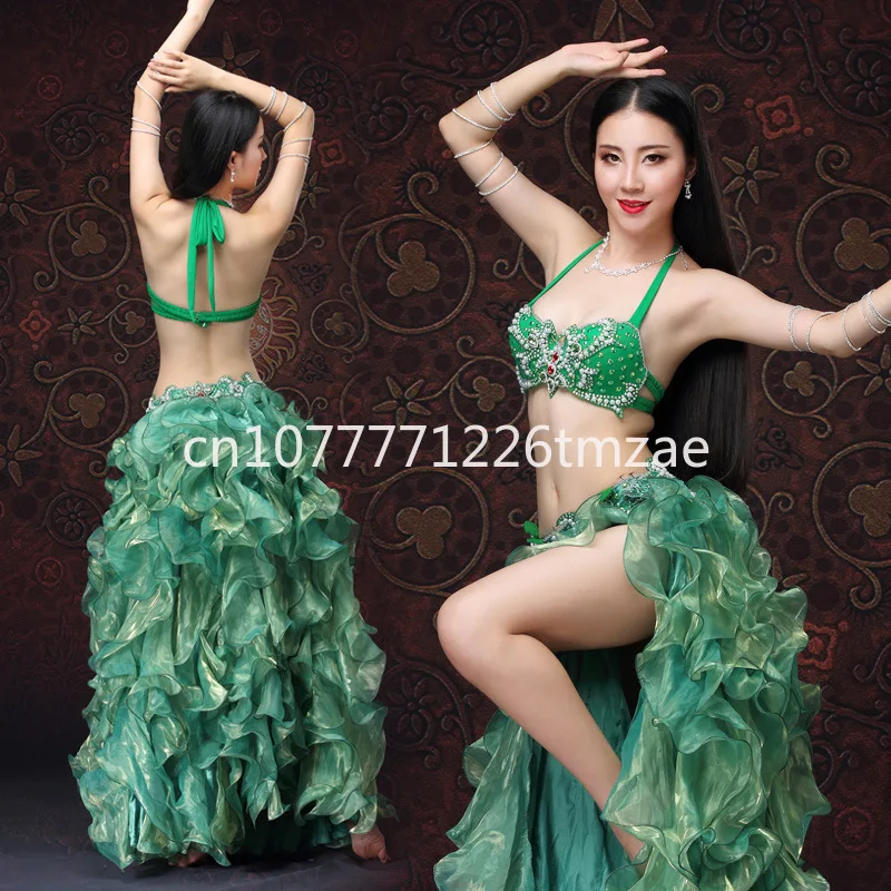 Belly Dance Costume Female Adult Diamond-Embedded Performance Set High Slit Wave Large Swing Skirt Performance Costume