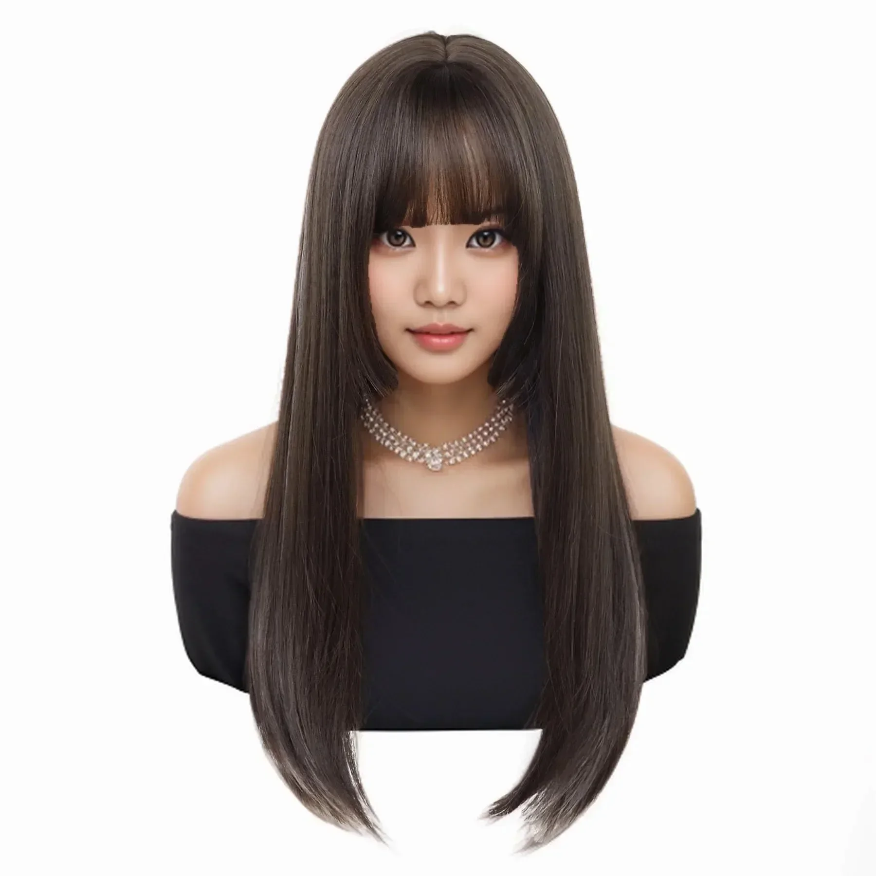 Premium Synthetic Long Straight Wigs for Women Natural Hair Styles Casual Wig with Bangs Blend Brown Wig with Highlights Blonde