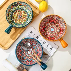 Ceramic single handle bowl Bohemian creative relief handle bowl Salad bowl Instant noodles Dessert bowl Home decoration bowl