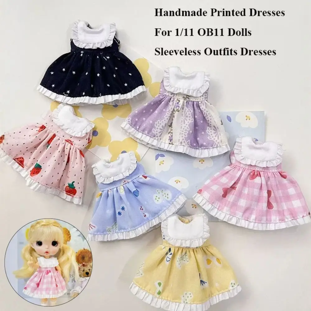 Vestidos estampados feitos à mão acessórios 6 estilos roupas de bonecas vestidos moda roupas diy para bonecas 1/11 ob11/para 1/12 bjd
