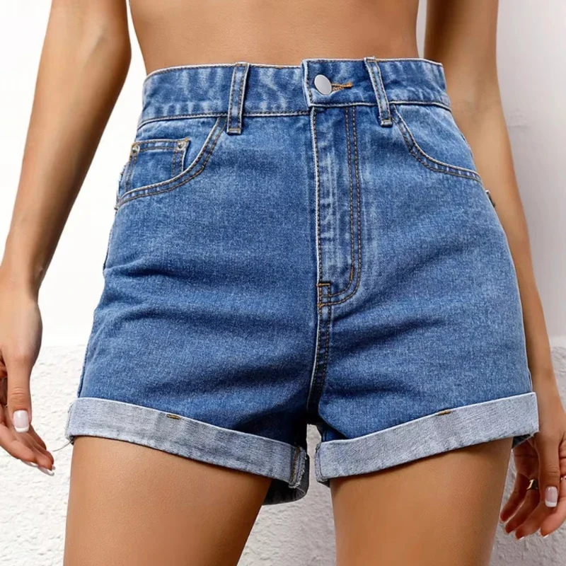 

Pop Fly Roll Up Hem Denim Women Fashion Summer High Waist Pockets Female Straight Leg Jean Shorts For Womens Shorts