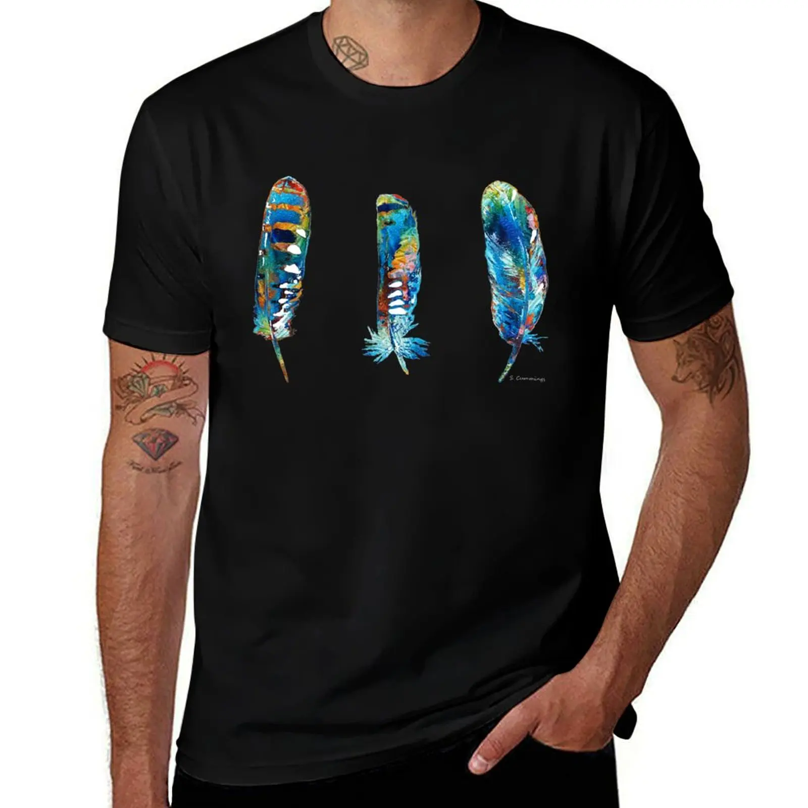 

Three Colorful Feathers - Happy Art - Sharon Cummings T-Shirt customizeds cheap stuff oversized t shirt mens plain t shirts