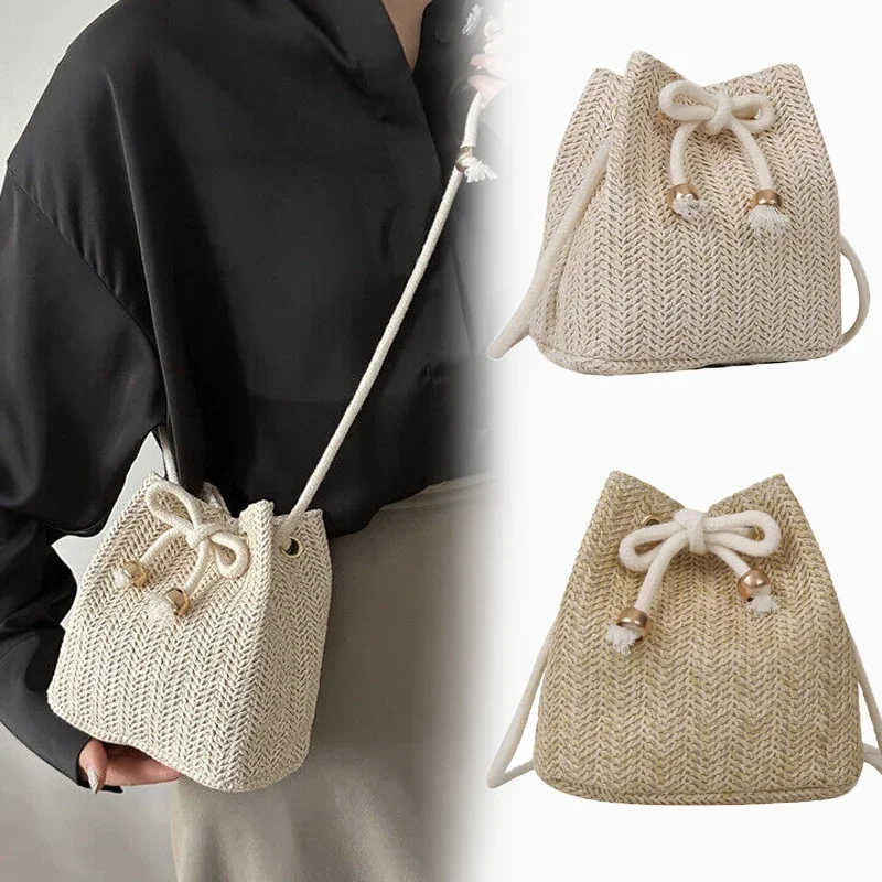 Fashion Womens Soft Woven Cross Body Bag Drawstring Straw Shoulder Bags Ladies Summer Travel Leisure Beach Handbag 2024 New