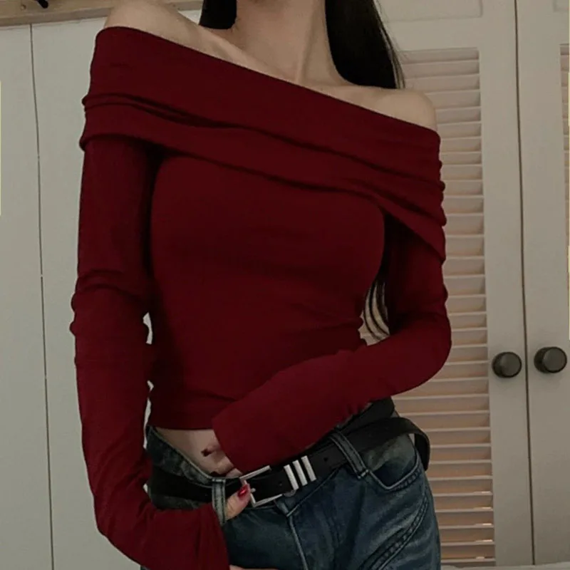 Sexy Off Shoulder Slash Neck Pullover for Women Elegant Slim Long Sleeve Backless Party Wine Red Tees Korean Chic Y2K Crop Tops - Image 4