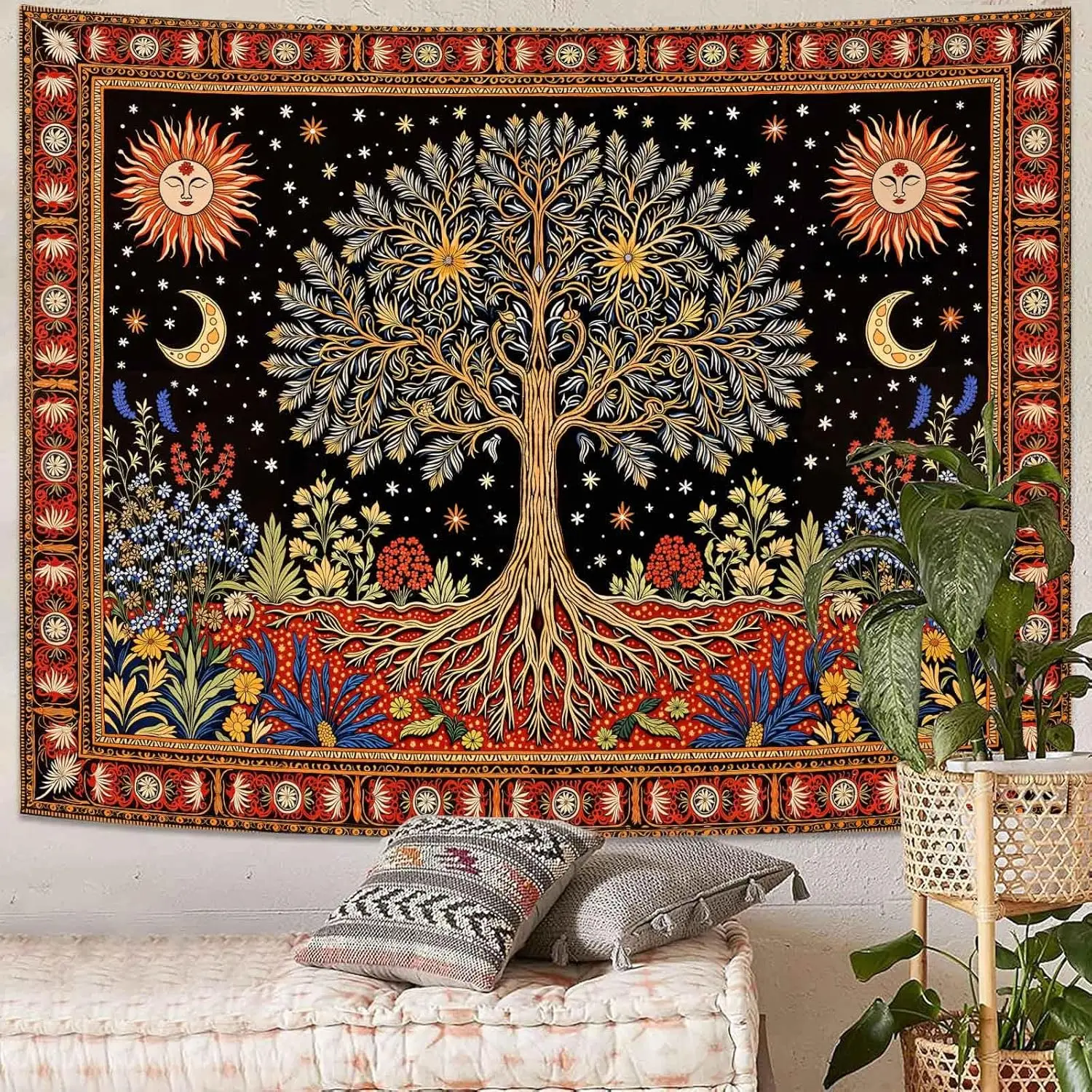Tree of Life Wall Tapestry - Celestial Sun & Moon Wall Hanging for Bedroom and Living Room Decor - Boho Starry Night Tapestries