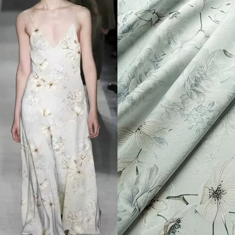 

Faux Silk Satin Floral Fabric Chrysanthemum Orchid for Spring Summer Qipao Hanfu New Chinese Dress DIY Sewing Accessories