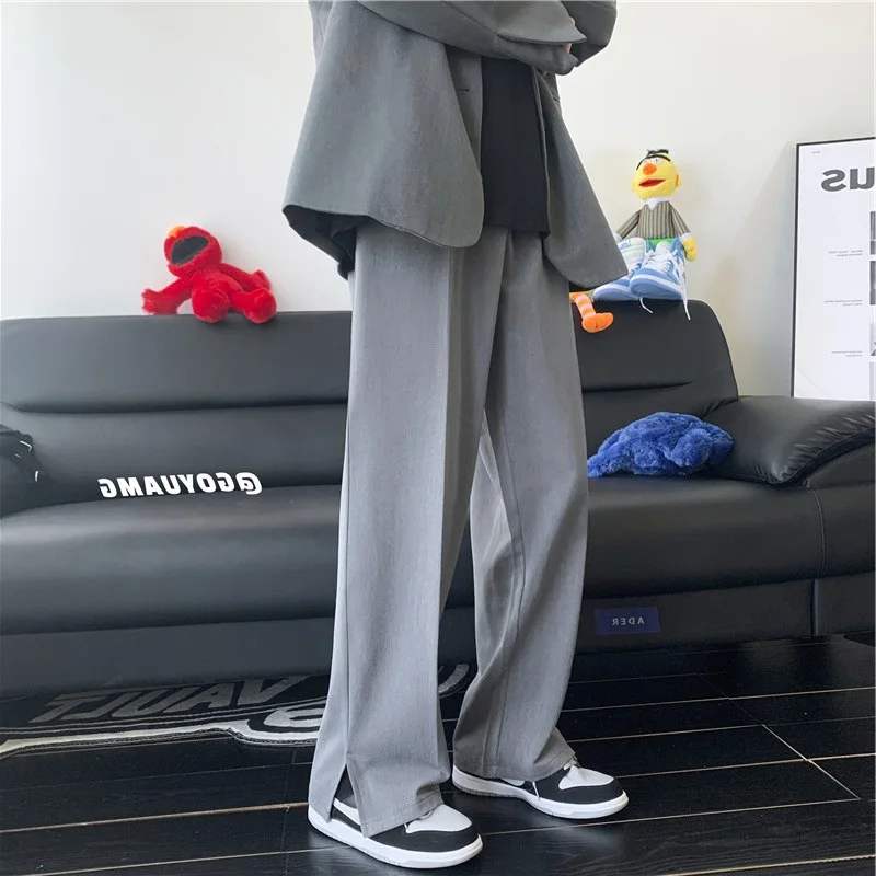 

Мужские повседневные брюки цвета хаки с боковыми разрезами, свободные, прямого кроя, модные, струящиеся, в пол, в корейском стиле, молодежные, осенние, для отдыха, модные