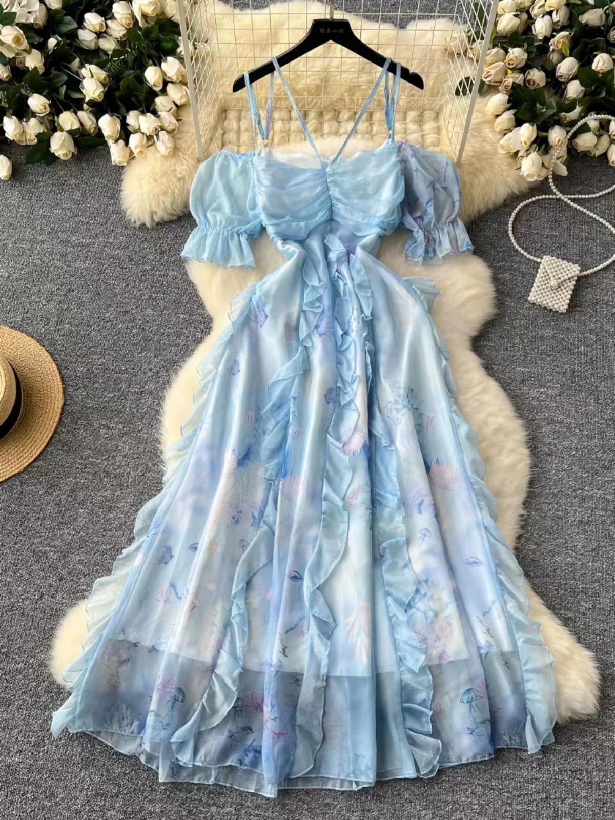 

French Sweet Flounced Edge Elegant Floral Dress For Women 2024 Summer Exquisite Slash Neck A-Line Chiffon Camisole Long Skirt