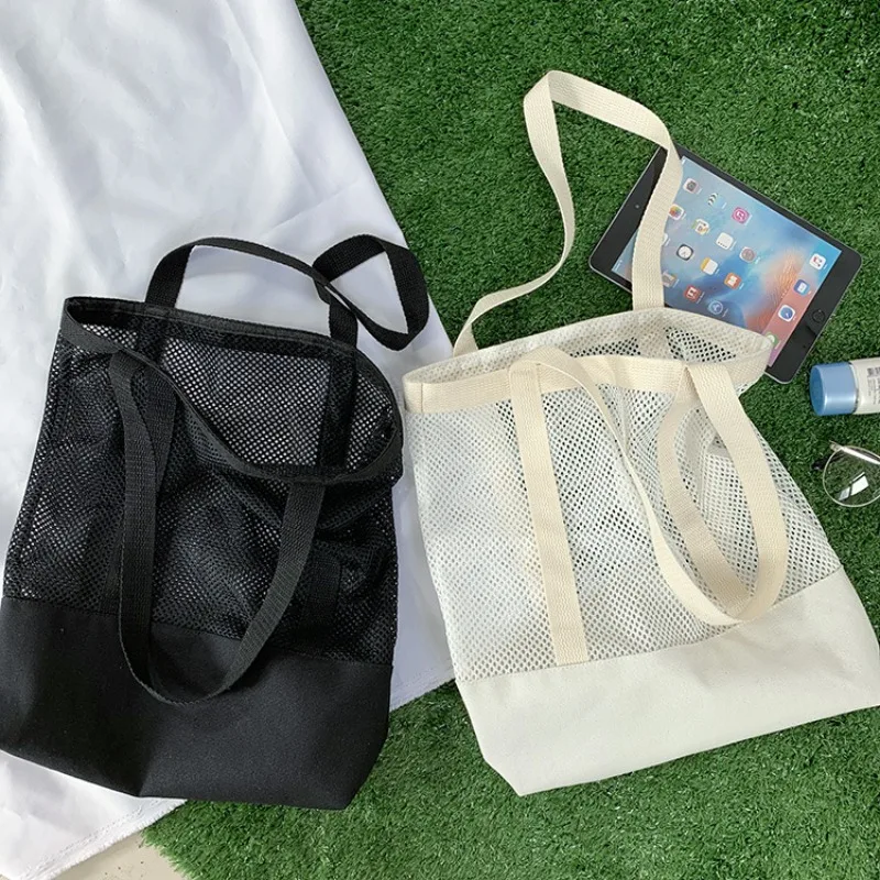 Customized Printed Logo Korean Version Solid Color Mesh Handbag Shopping Bag Hollow Beach Bags Canvas Shoulder Bag for Women