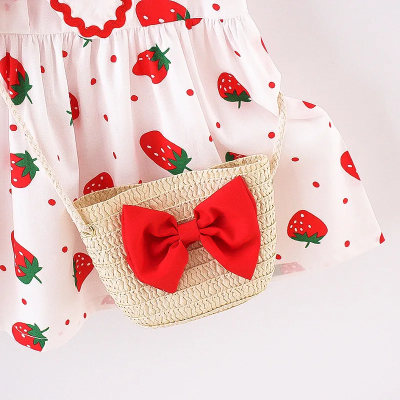 2/piece set of summer girls dress bag cartoon strawberry print tie lapel sleeveless princess dress for baby girls