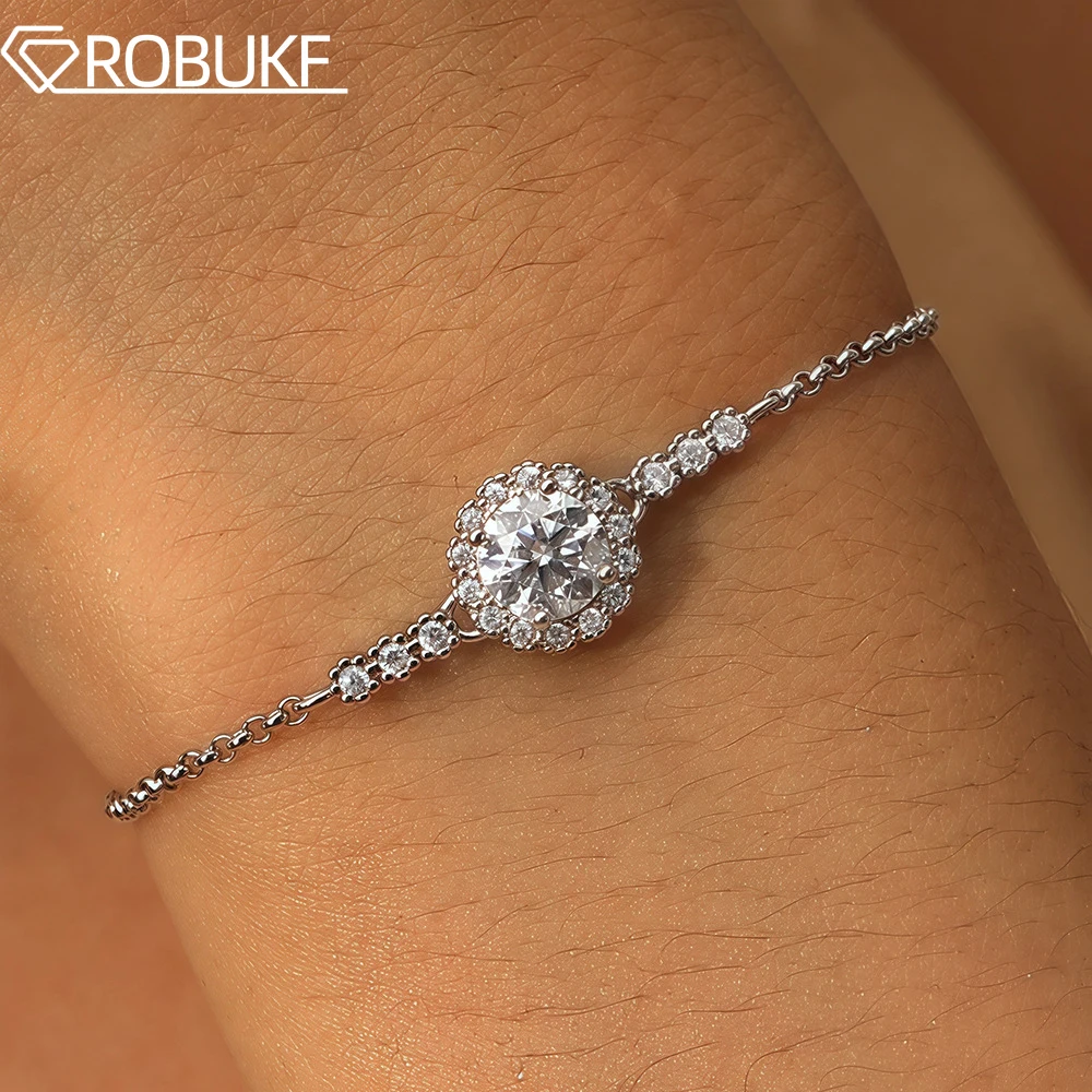 

0.5/1CT Moissanite Bracelets for Women Classic Round Cut Lab Diamond 925 Sterling Silver Adjustable Chain Wedding Jewelry Gifts