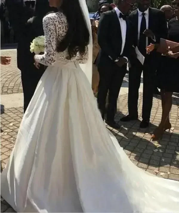 Vestidos de novia de encaje blanco personalizados, línea A, cuello en V, apliques de encaje, vestidos de novia de talla grande, vestido de novia de satén de manga larga