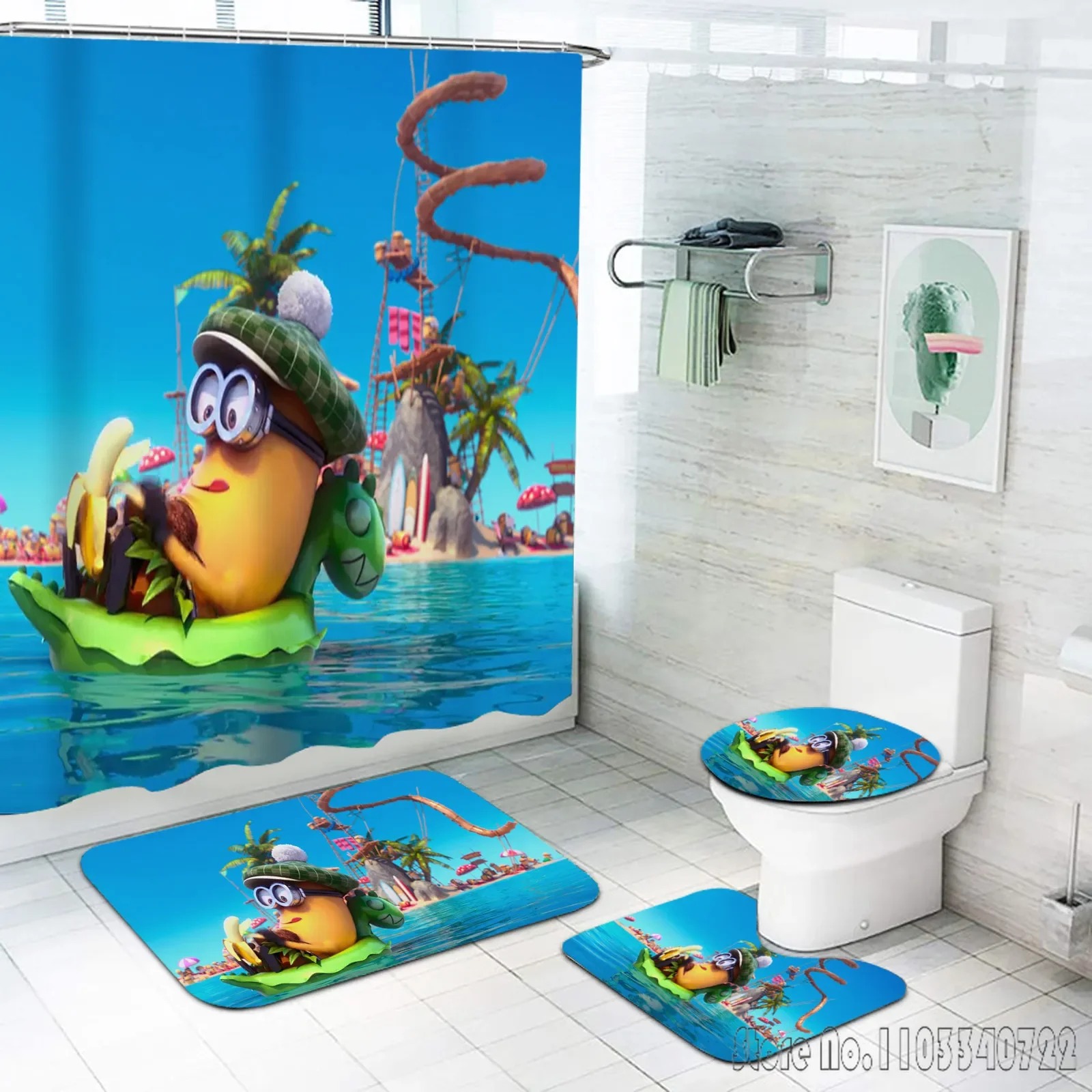 Baby Kids M-Minions Animal Anime Bath Shower Curtain Set 4pcs with Hooks Waterproof Bathroom Toilet Mat Lid Decor