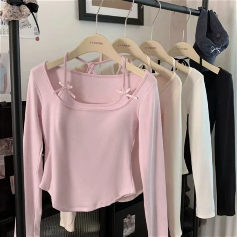 مثير كم طويل قمة الموضة الكورية الرسن الأعلى اقتصاص وهمية 2 قطع الخريف وتتسابق النساء تي شيرت المحاصيل الأعلى الوردي ربطة القوس فيونكة ديكور #6