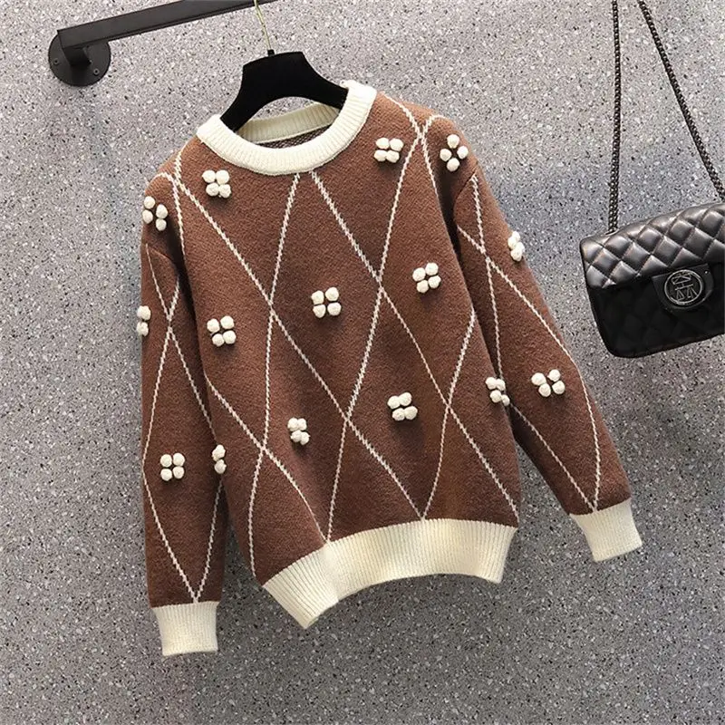 Autumn Winter New Fashion Round Neck Loose Sweaters Women's 2023 Korean 3D Embroidered Long Sleeve Pullover Knitted Bottom Tops