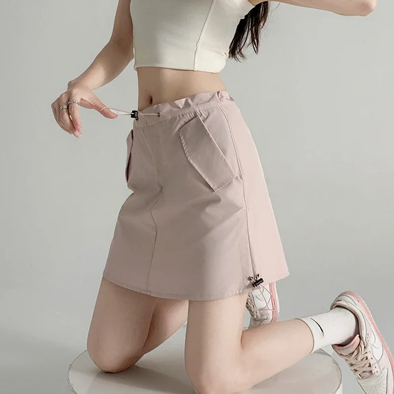 

ITOOLIN Women Vintage Drawstring Skirts Office Mini A-line Skirt With Pocket Casual High Waist Women Bodycon Package Hip Skirt