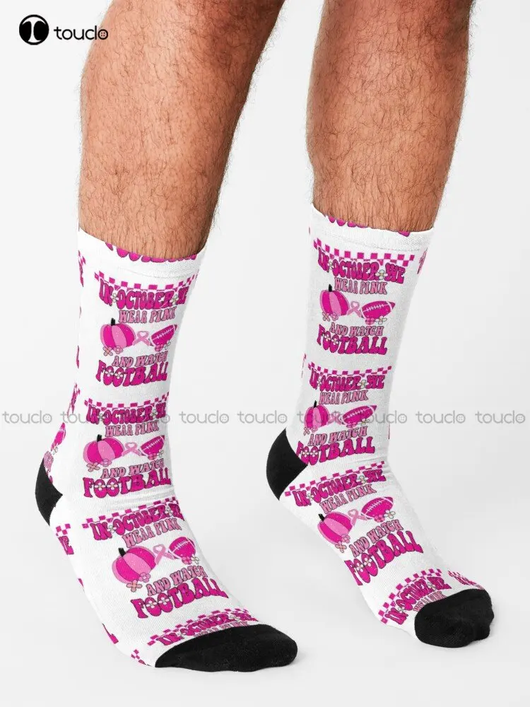 In October We Wear Pink And Watch Football Groovy Breast Cancer Awareness Socks Womens Black Fun Socks Custom Gift New Popular