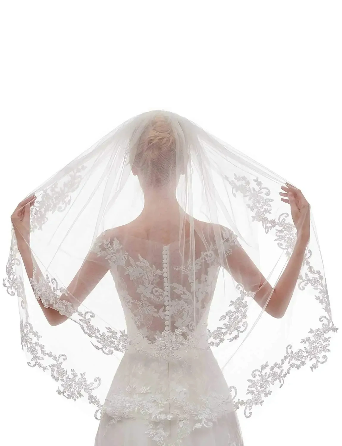 Classic Embroidery Lace  Fingertip Length  Bridal Veil White Ivory  Girls Lace Edge Wedding Veils with Comb