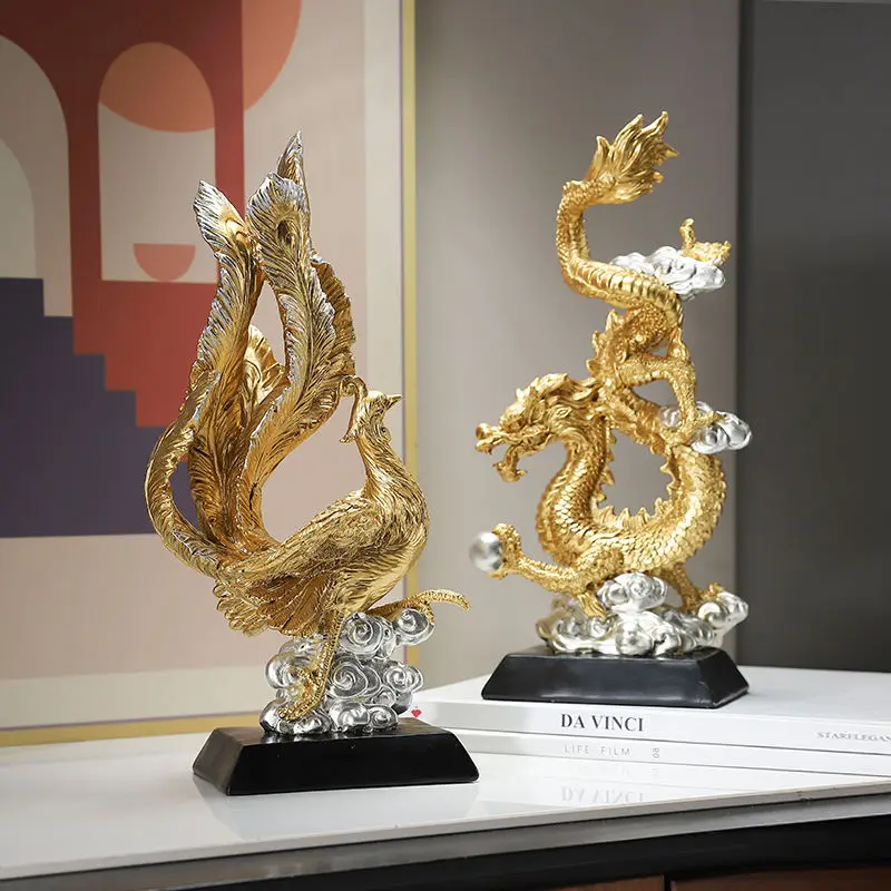 xx-Chinese Dragon Phoenix Resin Sculpture Accessories Items Home Bookshelf Furnishing Ornaments Office Desk Statue Decoration