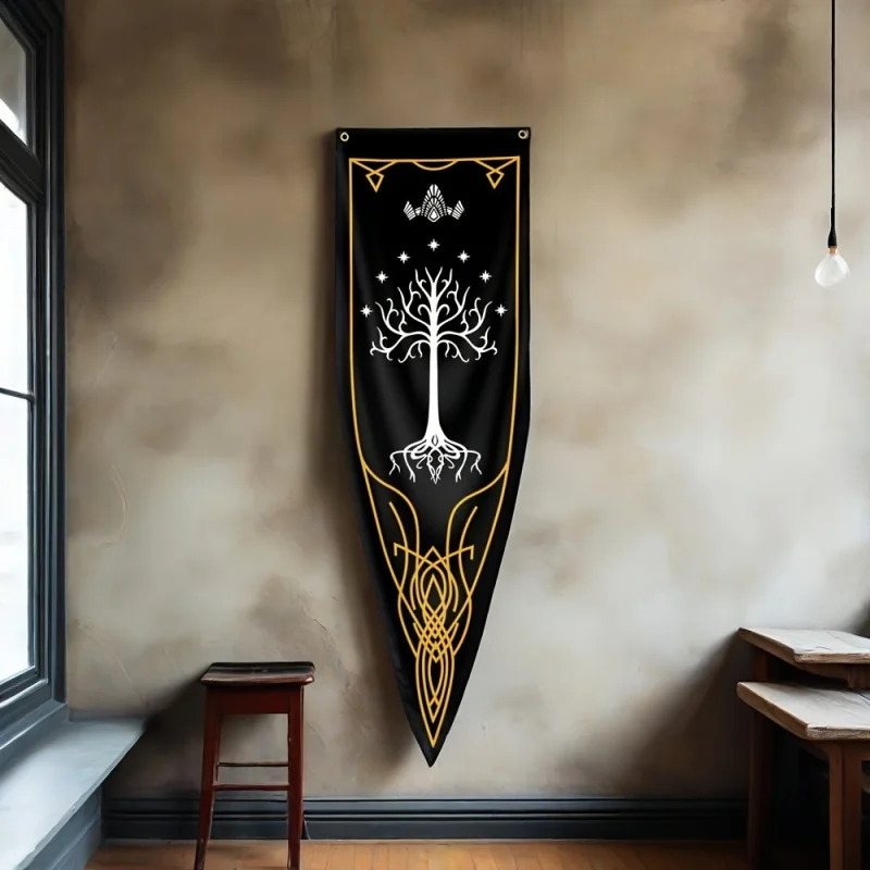 VIKAMA Elven Ring Flag Of Gondor, Black And Gold Medieval-Style Walls With Flags Hanging On Them, Home Furnishings